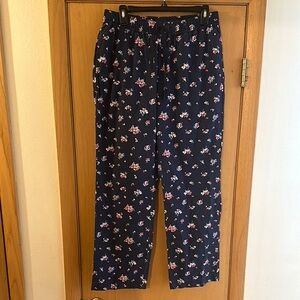 LL Bean Women’s Floral Print Cotton Lounge Pajama Pants Navy Blue Size Medium